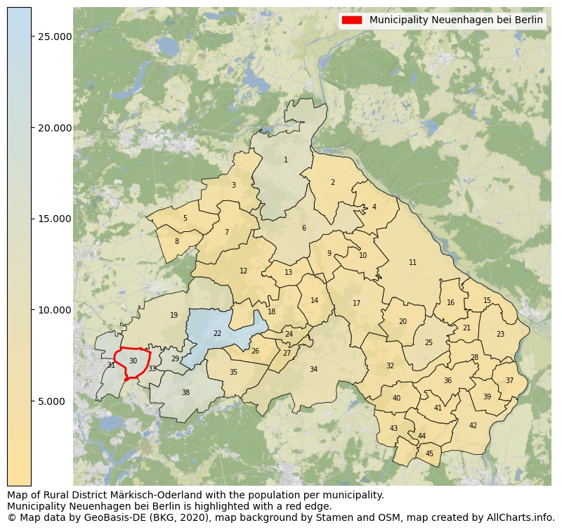 Map of Rural district Märkisch-Oderland with the population per municipality.Municipality Neuenhagen bei Berlin is highlighted with a red edge.. This page shows a lot of information about residents (such as the distribution by age groups, family composition, gender, native or German with an immigration background, ...), homes (numbers, types, price development, use, type of property, ...) and more (car ownership, energy consumption, ...) based on open data from the German Federal Agency for Cartography, the Federal Statistical Office (DESTATIS), the Regional Statistical Offices and various other sources!