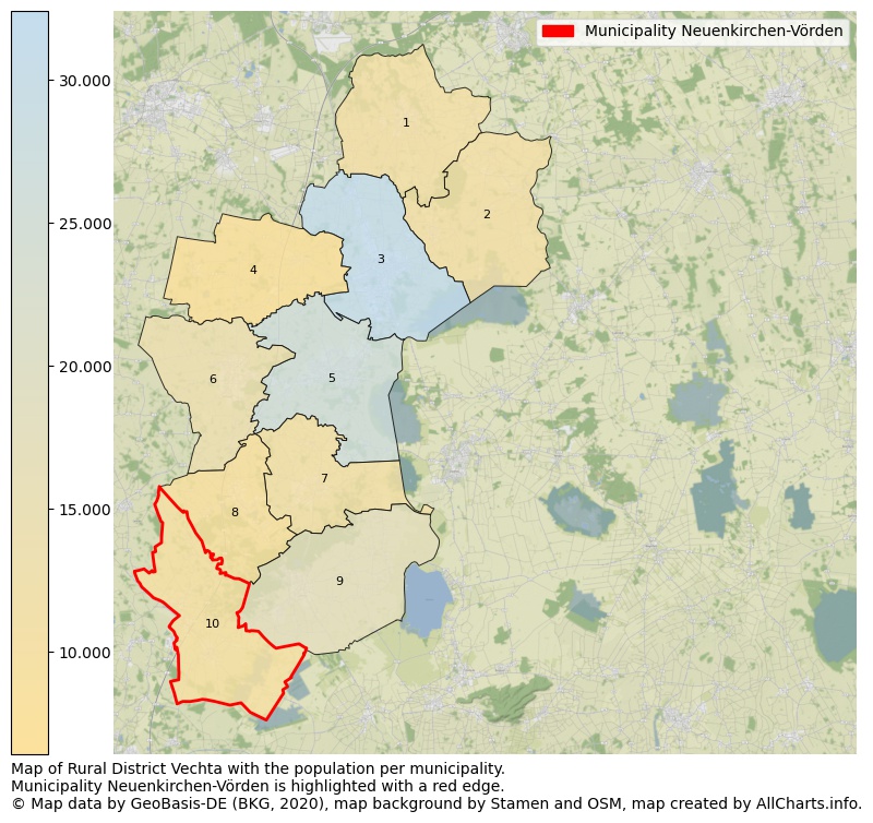 Map of Rural district Vechta with the population per municipality.Municipality Neuenkirchen-Vörden is highlighted with a red edge.. This page shows a lot of information about residents (such as the distribution by age groups, family composition, gender, native or German with an immigration background, ...), homes (numbers, types, price development, use, type of property, ...) and more (car ownership, energy consumption, ...) based on open data from the German Federal Agency for Cartography, the Federal Statistical Office (DESTATIS), the Regional Statistical Offices and various other sources!