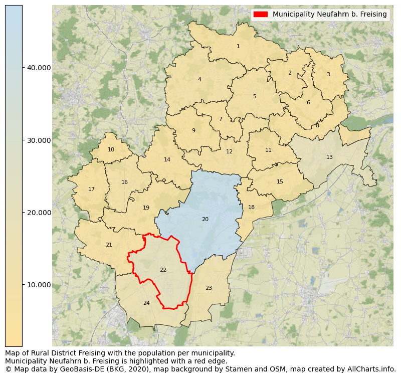 Map of Rural district Freising with the population per municipality.Municipality Neufahrn b. Freising is highlighted with a red edge.. This page shows a lot of information about residents (such as the distribution by age groups, family composition, gender, native or German with an immigration background, ...), homes (numbers, types, price development, use, type of property, ...) and more (car ownership, energy consumption, ...) based on open data from the German Federal Agency for Cartography, the Federal Statistical Office (DESTATIS), the Regional Statistical Offices and various other sources!