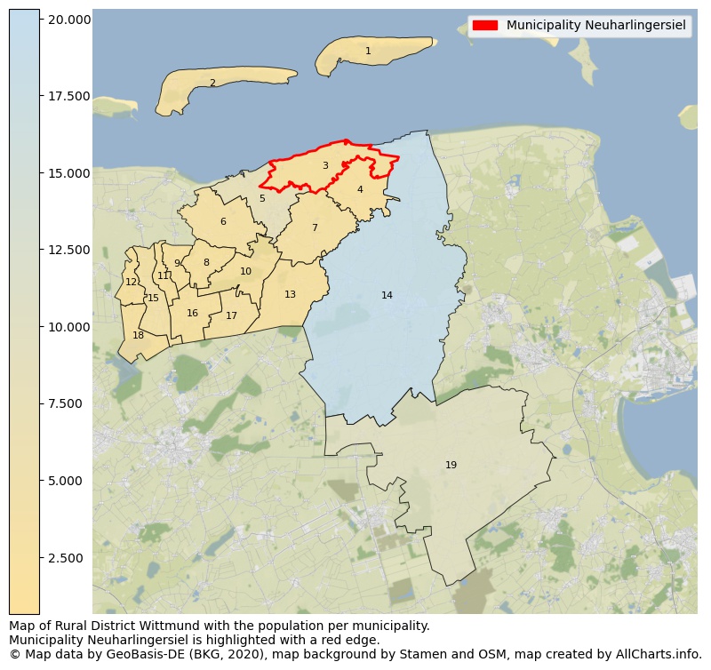 Map of Rural district Wittmund with the population per municipality.Municipality Neuharlingersiel is highlighted with a red edge.. This page shows a lot of information about residents (such as the distribution by age groups, family composition, gender, native or German with an immigration background, ...), homes (numbers, types, price development, use, type of property, ...) and more (car ownership, energy consumption, ...) based on open data from the German Federal Agency for Cartography, the Federal Statistical Office (DESTATIS), the Regional Statistical Offices and various other sources!