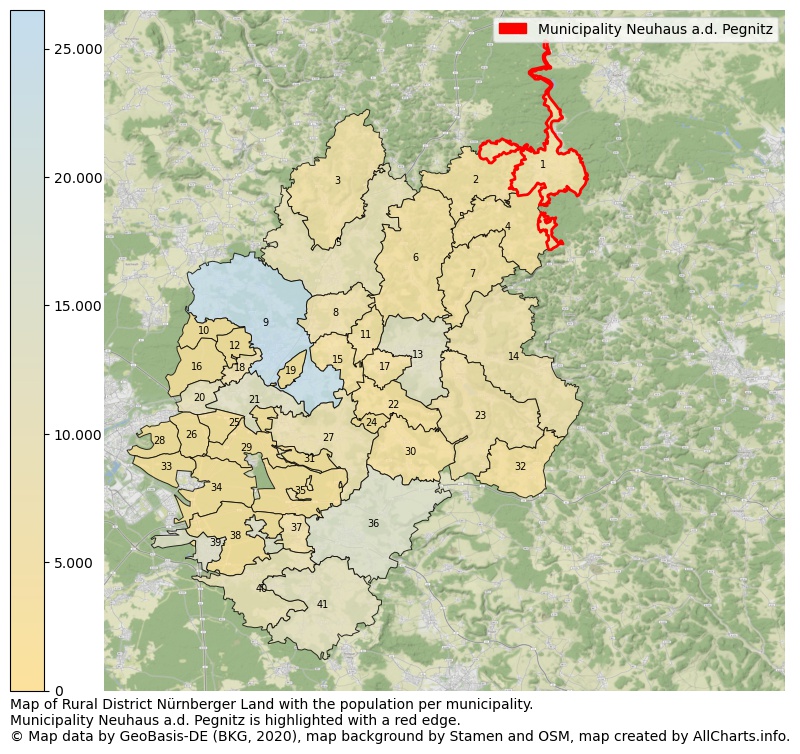 Map of Rural district Nürnberger Land with the population per municipality.Municipality Neuhaus a.d. Pegnitz is highlighted with a red edge.. This page shows a lot of information about residents (such as the distribution by age groups, family composition, gender, native or German with an immigration background, ...), homes (numbers, types, price development, use, type of property, ...) and more (car ownership, energy consumption, ...) based on open data from the German Federal Agency for Cartography, the Federal Statistical Office (DESTATIS), the Regional Statistical Offices and various other sources!