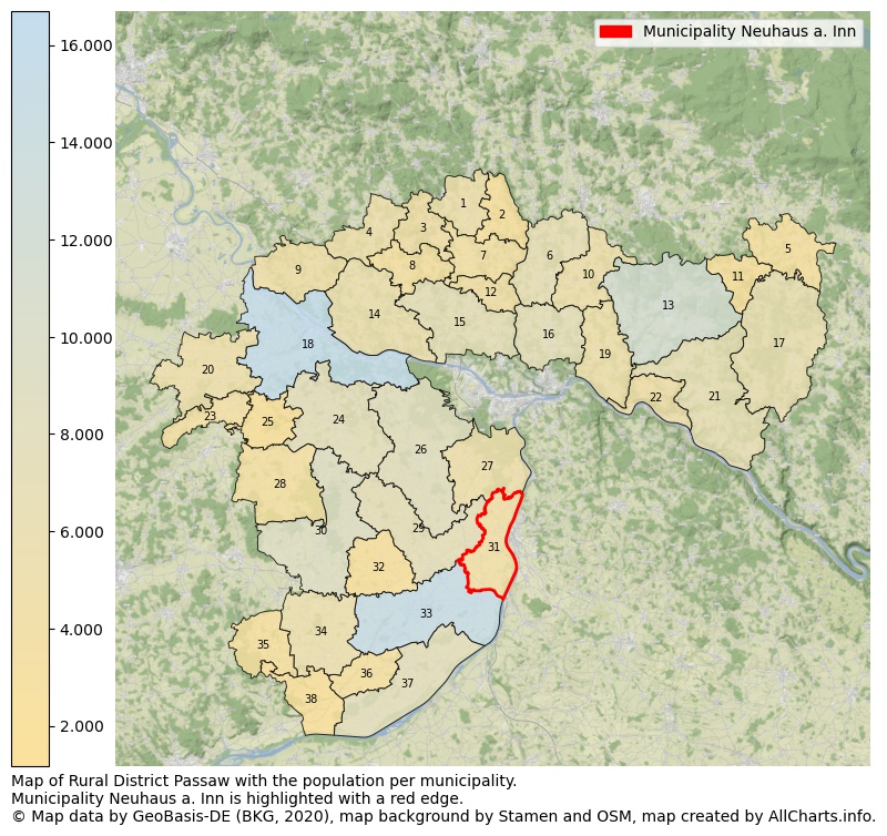 Map of Rural district Passaw with the population per municipality.Municipality Neuhaus a. Inn is highlighted with a red edge.. This page shows a lot of information about residents (such as the distribution by age groups, family composition, gender, native or German with an immigration background, ...), homes (numbers, types, price development, use, type of property, ...) and more (car ownership, energy consumption, ...) based on open data from the German Federal Agency for Cartography, the Federal Statistical Office (DESTATIS), the Regional Statistical Offices and various other sources!