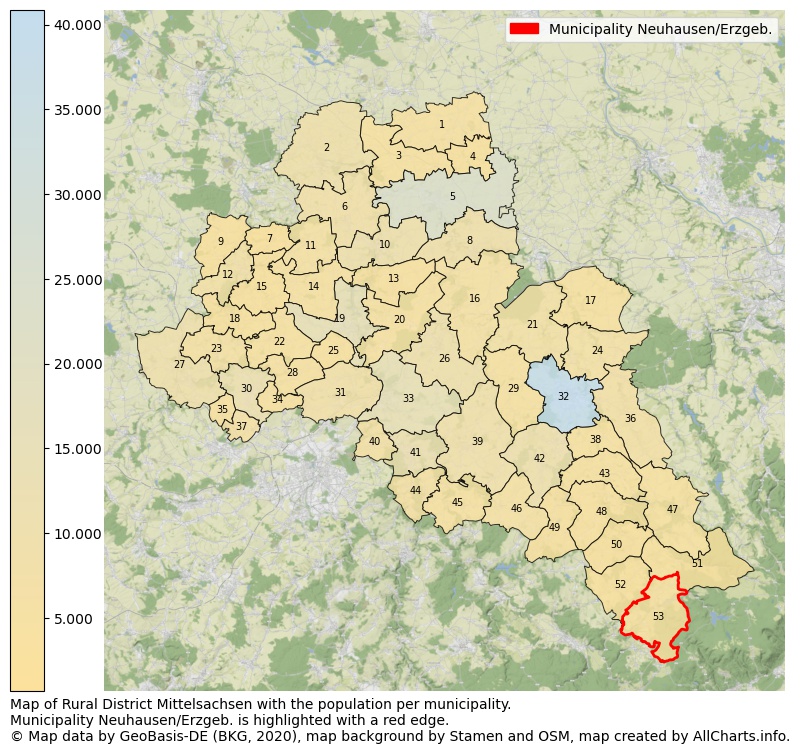 Map of Rural district Mittelsachsen with the population per municipality.Municipality Neuhausen/Erzgeb. is highlighted with a red edge.. This page shows a lot of information about residents (such as the distribution by age groups, family composition, gender, native or German with an immigration background, ...), homes (numbers, types, price development, use, type of property, ...) and more (car ownership, energy consumption, ...) based on open data from the German Federal Agency for Cartography, the Federal Statistical Office (DESTATIS), the Regional Statistical Offices and various other sources!