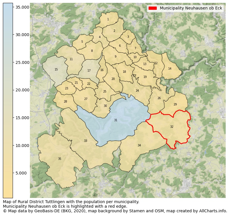 Map of Rural district Tuttlingen with the population per municipality.Municipality Neuhausen ob Eck is highlighted with a red edge.. This page shows a lot of information about residents (such as the distribution by age groups, family composition, gender, native or German with an immigration background, ...), homes (numbers, types, price development, use, type of property, ...) and more (car ownership, energy consumption, ...) based on open data from the German Federal Agency for Cartography, the Federal Statistical Office (DESTATIS), the Regional Statistical Offices and various other sources!