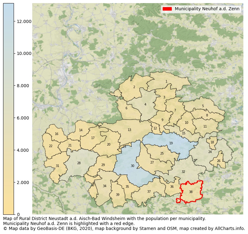 Map of Rural district Neustadt a.d. Aisch-Bad Windsheim with the population per municipality.Municipality Neuhof a.d. Zenn is highlighted with a red edge.. This page shows a lot of information about residents (such as the distribution by age groups, family composition, gender, native or German with an immigration background, ...), homes (numbers, types, price development, use, type of property, ...) and more (car ownership, energy consumption, ...) based on open data from the German Federal Agency for Cartography, the Federal Statistical Office (DESTATIS), the Regional Statistical Offices and various other sources!