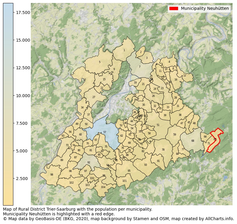 Map of Rural district Trier-Saarburg with the population per municipality.Municipality Neuhütten is highlighted with a red edge.. This page shows a lot of information about residents (such as the distribution by age groups, family composition, gender, native or German with an immigration background, ...), homes (numbers, types, price development, use, type of property, ...) and more (car ownership, energy consumption, ...) based on open data from the German Federal Agency for Cartography, the Federal Statistical Office (DESTATIS), the Regional Statistical Offices and various other sources!