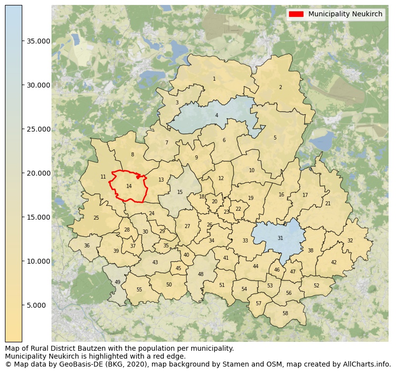 Map of Rural district Bautzen with the population per municipality.Municipality Neukirch is highlighted with a red edge.. This page shows a lot of information about residents (such as the distribution by age groups, family composition, gender, native or German with an immigration background, ...), homes (numbers, types, price development, use, type of property, ...) and more (car ownership, energy consumption, ...) based on open data from the German Federal Agency for Cartography, the Federal Statistical Office (DESTATIS), the Regional Statistical Offices and various other sources!