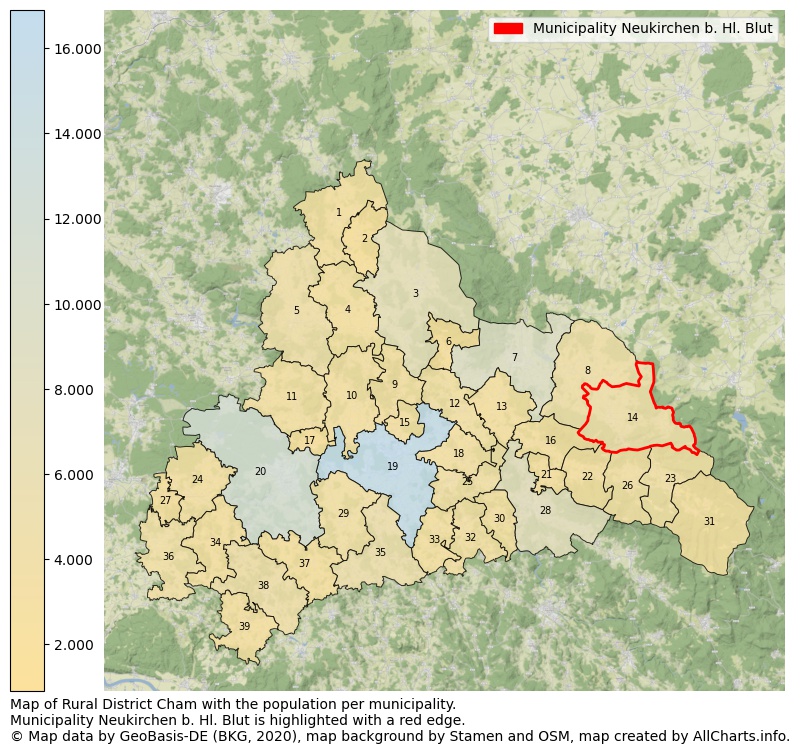 Map of Rural district Cham with the population per municipality.Municipality Neukirchen b. Hl. Blut is highlighted with a red edge.. This page shows a lot of information about residents (such as the distribution by age groups, family composition, gender, native or German with an immigration background, ...), homes (numbers, types, price development, use, type of property, ...) and more (car ownership, energy consumption, ...) based on open data from the German Federal Agency for Cartography, the Federal Statistical Office (DESTATIS), the Regional Statistical Offices and various other sources!