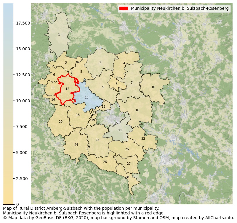 Map of Rural district Amberg-Sulzbach with the population per municipality.Municipality Neukirchen b. Sulzbach-Rosenberg is highlighted with a red edge.. This page shows a lot of information about residents (such as the distribution by age groups, family composition, gender, native or German with an immigration background, ...), homes (numbers, types, price development, use, type of property, ...) and more (car ownership, energy consumption, ...) based on open data from the German Federal Agency for Cartography, the Federal Statistical Office (DESTATIS), the Regional Statistical Offices and various other sources!