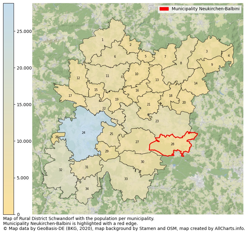 Map of Rural district Schwandorf with the population per municipality.Municipality Neukirchen-Balbini is highlighted with a red edge.. This page shows a lot of information about residents (such as the distribution by age groups, family composition, gender, native or German with an immigration background, ...), homes (numbers, types, price development, use, type of property, ...) and more (car ownership, energy consumption, ...) based on open data from the German Federal Agency for Cartography, the Federal Statistical Office (DESTATIS), the Regional Statistical Offices and various other sources!