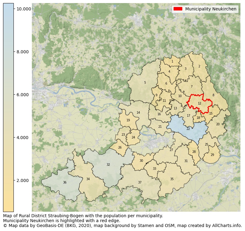 Map of Rural district Straubing-Bogen with the population per municipality.Municipality Neukirchen is highlighted with a red edge.. This page shows a lot of information about residents (such as the distribution by age groups, family composition, gender, native or German with an immigration background, ...), homes (numbers, types, price development, use, type of property, ...) and more (car ownership, energy consumption, ...) based on open data from the German Federal Agency for Cartography, the Federal Statistical Office (DESTATIS), the Regional Statistical Offices and various other sources!