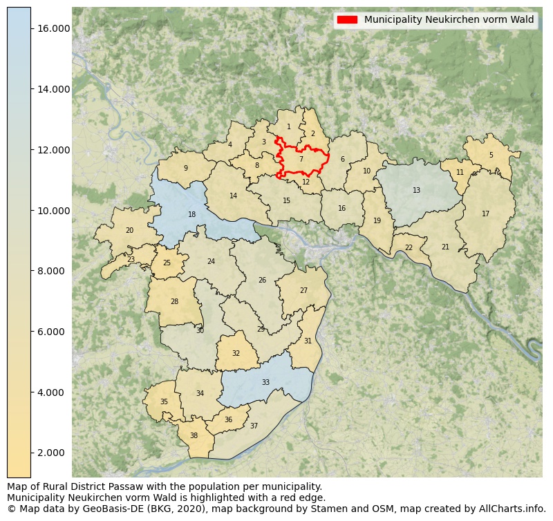 Map of Rural district Passaw with the population per municipality.Municipality Neukirchen vorm Wald is highlighted with a red edge.. This page shows a lot of information about residents (such as the distribution by age groups, family composition, gender, native or German with an immigration background, ...), homes (numbers, types, price development, use, type of property, ...) and more (car ownership, energy consumption, ...) based on open data from the German Federal Agency for Cartography, the Federal Statistical Office (DESTATIS), the Regional Statistical Offices and various other sources!