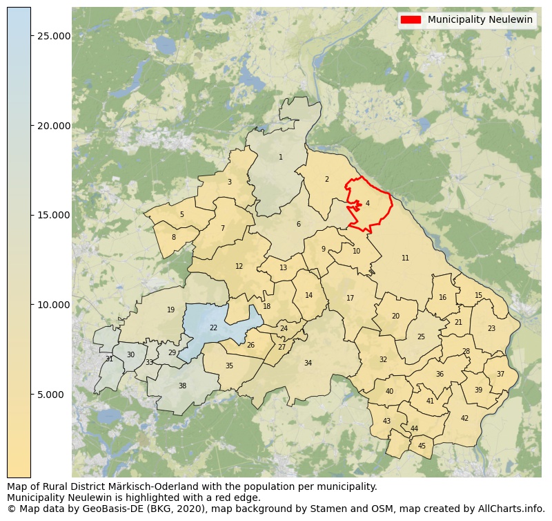 Map of Rural district Märkisch-Oderland with the population per municipality.Municipality Neulewin is highlighted with a red edge.. This page shows a lot of information about residents (such as the distribution by age groups, family composition, gender, native or German with an immigration background, ...), homes (numbers, types, price development, use, type of property, ...) and more (car ownership, energy consumption, ...) based on open data from the German Federal Agency for Cartography, the Federal Statistical Office (DESTATIS), the Regional Statistical Offices and various other sources!