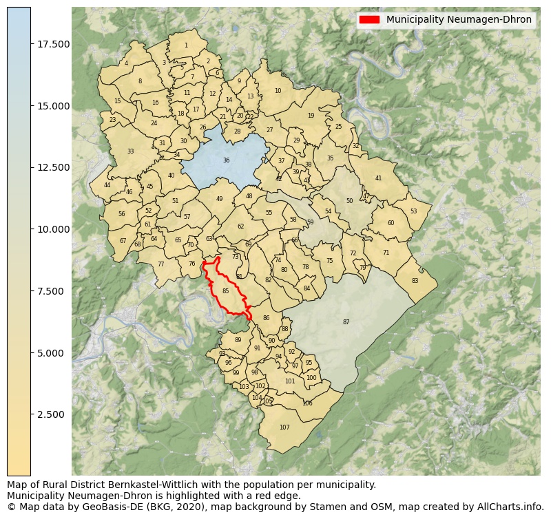 Map of Rural district Bernkastel-Wittlich with the population per municipality.Municipality Neumagen-Dhron is highlighted with a red edge.. This page shows a lot of information about residents (such as the distribution by age groups, family composition, gender, native or German with an immigration background, ...), homes (numbers, types, price development, use, type of property, ...) and more (car ownership, energy consumption, ...) based on open data from the German Federal Agency for Cartography, the Federal Statistical Office (DESTATIS), the Regional Statistical Offices and various other sources!