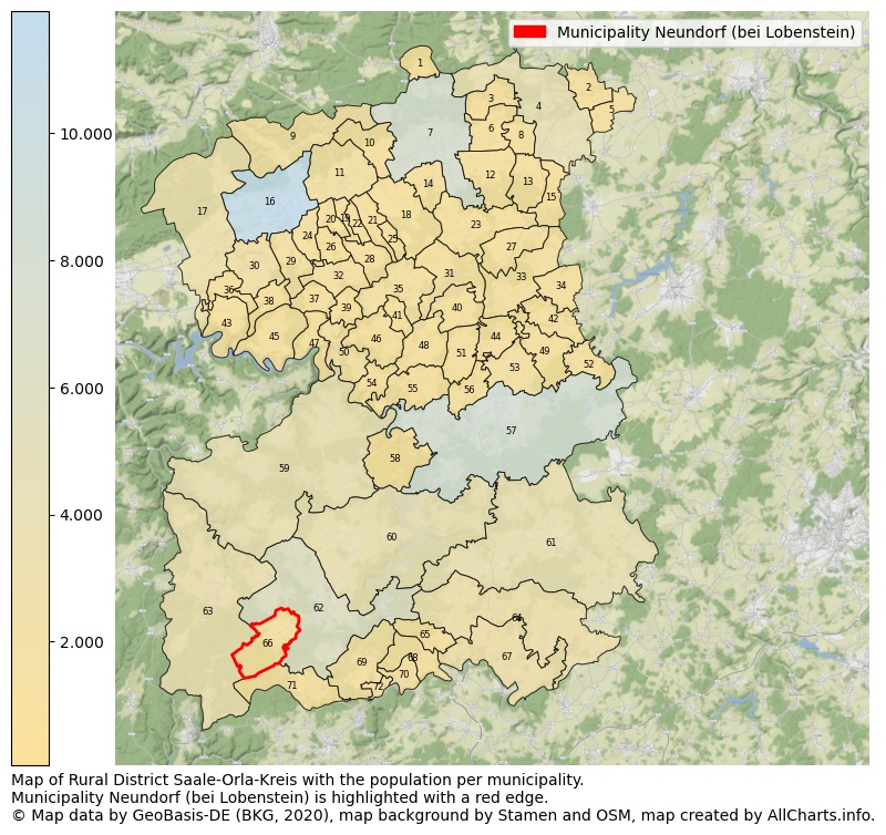 Map of Rural district Saale-Orla-Kreis with the population per municipality.Municipality Neundorf (bei Lobenstein) is highlighted with a red edge.. This page shows a lot of information about residents (such as the distribution by age groups, family composition, gender, native or German with an immigration background, ...), homes (numbers, types, price development, use, type of property, ...) and more (car ownership, energy consumption, ...) based on open data from the German Federal Agency for Cartography, the Federal Statistical Office (DESTATIS), the Regional Statistical Offices and various other sources!