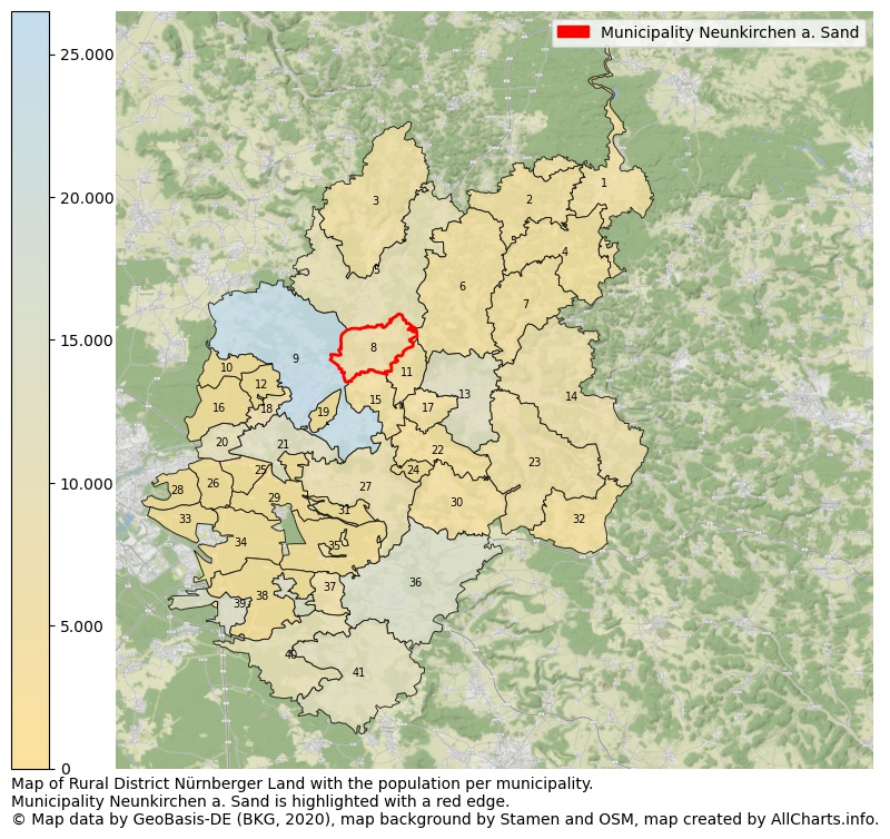 Map of Rural district Nürnberger Land with the population per municipality.Municipality Neunkirchen a. Sand is highlighted with a red edge.. This page shows a lot of information about residents (such as the distribution by age groups, family composition, gender, native or German with an immigration background, ...), homes (numbers, types, price development, use, type of property, ...) and more (car ownership, energy consumption, ...) based on open data from the German Federal Agency for Cartography, the Federal Statistical Office (DESTATIS), the Regional Statistical Offices and various other sources!
