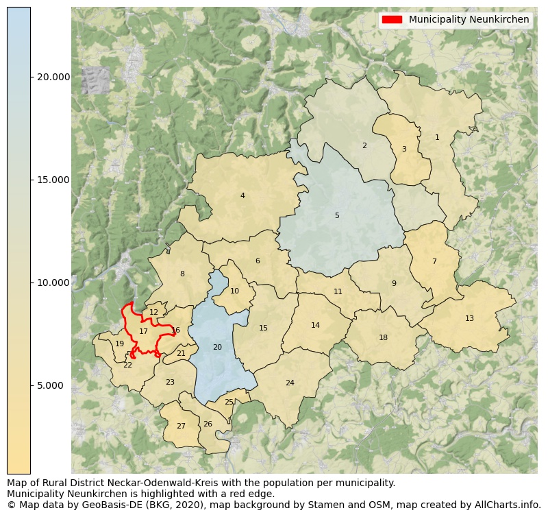 Map of Rural district Neckar-Odenwald-Kreis with the population per municipality.Municipality Neunkirchen is highlighted with a red edge.. This page shows a lot of information about residents (such as the distribution by age groups, family composition, gender, native or German with an immigration background, ...), homes (numbers, types, price development, use, type of property, ...) and more (car ownership, energy consumption, ...) based on open data from the German Federal Agency for Cartography, the Federal Statistical Office (DESTATIS), the Regional Statistical Offices and various other sources!