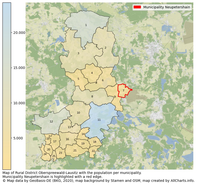 Map of Rural district Oberspreewald-Lausitz with the population per municipality.Municipality Neupetershain is highlighted with a red edge.. This page shows a lot of information about residents (such as the distribution by age groups, family composition, gender, native or German with an immigration background, ...), homes (numbers, types, price development, use, type of property, ...) and more (car ownership, energy consumption, ...) based on open data from the German Federal Agency for Cartography, the Federal Statistical Office (DESTATIS), the Regional Statistical Offices and various other sources!