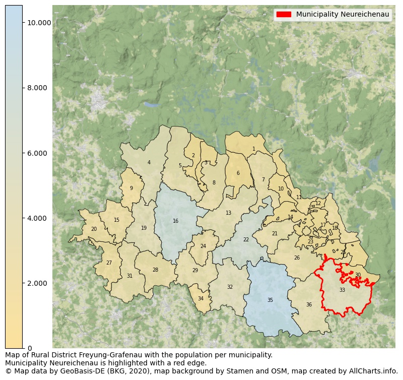 Map of Rural district Freyung-Grafenau with the population per municipality.Municipality Neureichenau is highlighted with a red edge.. This page shows a lot of information about residents (such as the distribution by age groups, family composition, gender, native or German with an immigration background, ...), homes (numbers, types, price development, use, type of property, ...) and more (car ownership, energy consumption, ...) based on open data from the German Federal Agency for Cartography, the Federal Statistical Office (DESTATIS), the Regional Statistical Offices and various other sources!