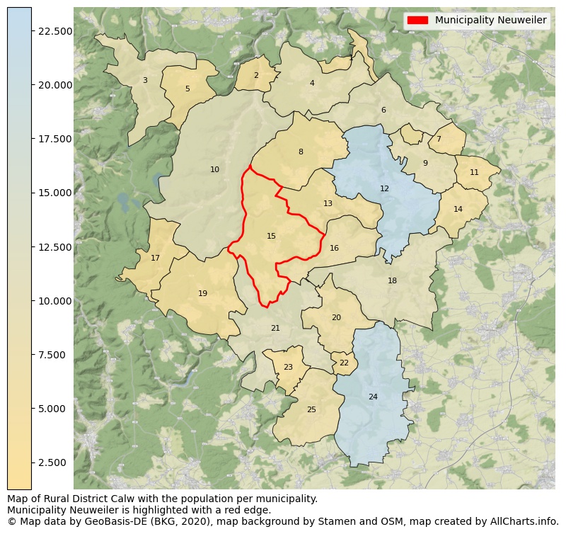 Map of Rural district Calw with the population per municipality.Municipality Neuweiler is highlighted with a red edge.. This page shows a lot of information about residents (such as the distribution by age groups, family composition, gender, native or German with an immigration background, ...), homes (numbers, types, price development, use, type of property, ...) and more (car ownership, energy consumption, ...) based on open data from the German Federal Agency for Cartography, the Federal Statistical Office (DESTATIS), the Regional Statistical Offices and various other sources!