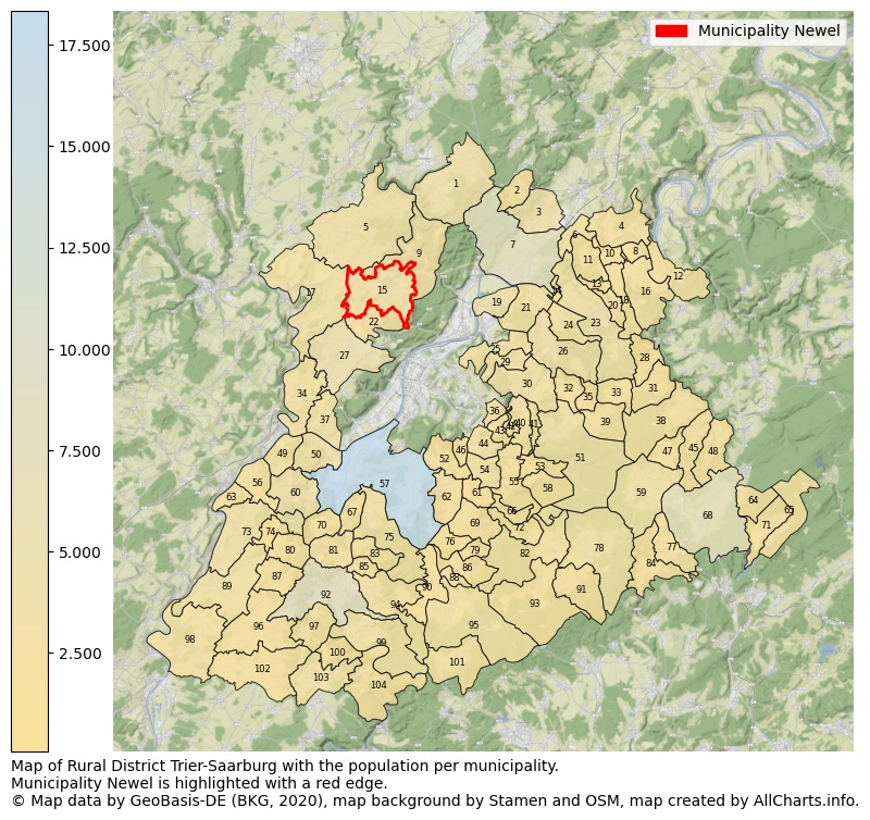 Map of Rural district Trier-Saarburg with the population per municipality.Municipality Newel is highlighted with a red edge.. This page shows a lot of information about residents (such as the distribution by age groups, family composition, gender, native or German with an immigration background, ...), homes (numbers, types, price development, use, type of property, ...) and more (car ownership, energy consumption, ...) based on open data from the German Federal Agency for Cartography, the Federal Statistical Office (DESTATIS), the Regional Statistical Offices and various other sources!