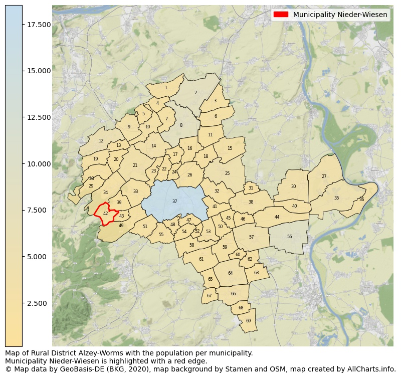 Map of Rural district Alzey-Worms with the population per municipality.Municipality Nieder-Wiesen is highlighted with a red edge.. This page shows a lot of information about residents (such as the distribution by age groups, family composition, gender, native or German with an immigration background, ...), homes (numbers, types, price development, use, type of property, ...) and more (car ownership, energy consumption, ...) based on open data from the German Federal Agency for Cartography, the Federal Statistical Office (DESTATIS), the Regional Statistical Offices and various other sources!