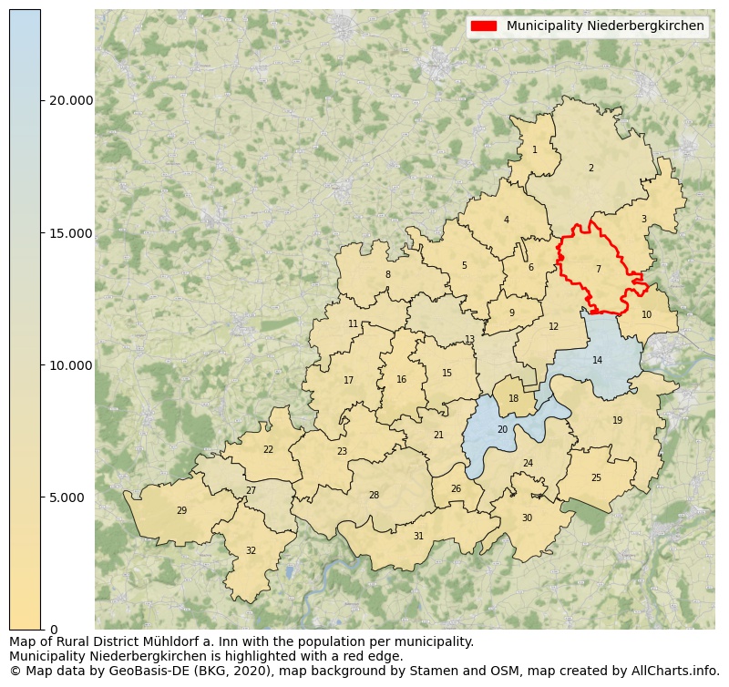Map of Rural district Mühldorf a. Inn with the population per municipality.Municipality Niederbergkirchen is highlighted with a red edge.. This page shows a lot of information about residents (such as the distribution by age groups, family composition, gender, native or German with an immigration background, ...), homes (numbers, types, price development, use, type of property, ...) and more (car ownership, energy consumption, ...) based on open data from the German Federal Agency for Cartography, the Federal Statistical Office (DESTATIS), the Regional Statistical Offices and various other sources!