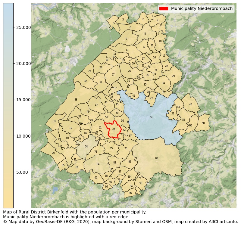 Map of Rural district Birkenfeld with the population per municipality.Municipality Niederbrombach is highlighted with a red edge.. This page shows a lot of information about residents (such as the distribution by age groups, family composition, gender, native or German with an immigration background, ...), homes (numbers, types, price development, use, type of property, ...) and more (car ownership, energy consumption, ...) based on open data from the German Federal Agency for Cartography, the Federal Statistical Office (DESTATIS), the Regional Statistical Offices and various other sources!