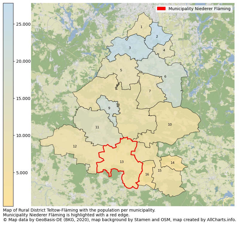 Map of Rural district Teltow-Fläming with the population per municipality.Municipality Niederer Fläming is highlighted with a red edge.. This page shows a lot of information about residents (such as the distribution by age groups, family composition, gender, native or German with an immigration background, ...), homes (numbers, types, price development, use, type of property, ...) and more (car ownership, energy consumption, ...) based on open data from the German Federal Agency for Cartography, the Federal Statistical Office (DESTATIS), the Regional Statistical Offices and various other sources!