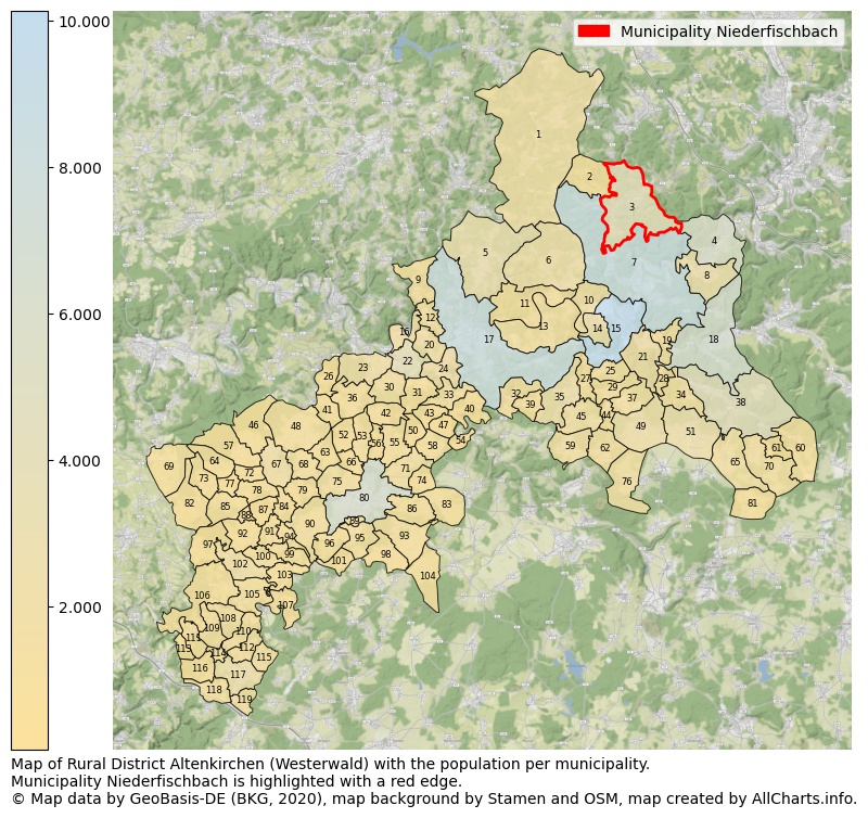 Map of Rural district Altenkirchen (Westerwald) with the population per municipality.Municipality Niederfischbach is highlighted with a red edge.. This page shows a lot of information about residents (such as the distribution by age groups, family composition, gender, native or German with an immigration background, ...), homes (numbers, types, price development, use, type of property, ...) and more (car ownership, energy consumption, ...) based on open data from the German Federal Agency for Cartography, the Federal Statistical Office (DESTATIS), the Regional Statistical Offices and various other sources!