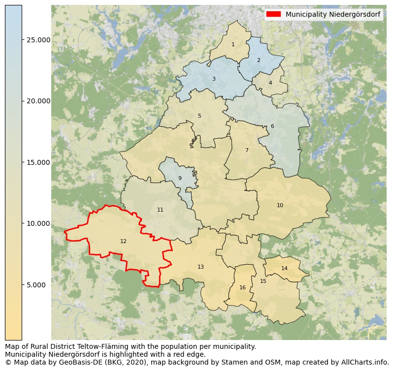 Map of Rural district Teltow-Fläming with the population per municipality.Municipality Niedergörsdorf is highlighted with a red edge.. This page shows a lot of information about residents (such as the distribution by age groups, family composition, gender, native or German with an immigration background, ...), homes (numbers, types, price development, use, type of property, ...) and more (car ownership, energy consumption, ...) based on open data from the German Federal Agency for Cartography, the Federal Statistical Office (DESTATIS), the Regional Statistical Offices and various other sources!