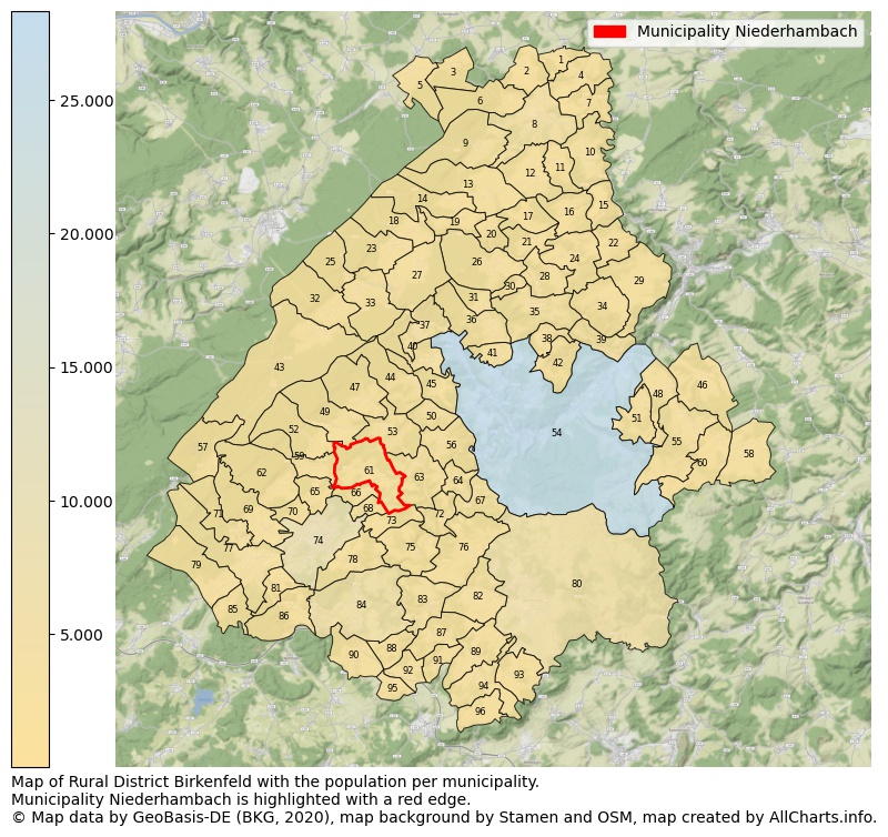 Map of Rural district Birkenfeld with the population per municipality.Municipality Niederhambach is highlighted with a red edge.. This page shows a lot of information about residents (such as the distribution by age groups, family composition, gender, native or German with an immigration background, ...), homes (numbers, types, price development, use, type of property, ...) and more (car ownership, energy consumption, ...) based on open data from the German Federal Agency for Cartography, the Federal Statistical Office (DESTATIS), the Regional Statistical Offices and various other sources!