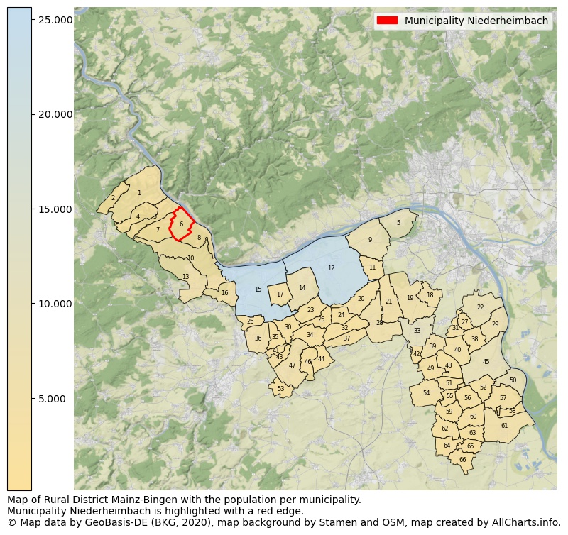 Map of Rural district Mainz-Bingen with the population per municipality.Municipality Niederheimbach is highlighted with a red edge.. This page shows a lot of information about residents (such as the distribution by age groups, family composition, gender, native or German with an immigration background, ...), homes (numbers, types, price development, use, type of property, ...) and more (car ownership, energy consumption, ...) based on open data from the German Federal Agency for Cartography, the Federal Statistical Office (DESTATIS), the Regional Statistical Offices and various other sources!