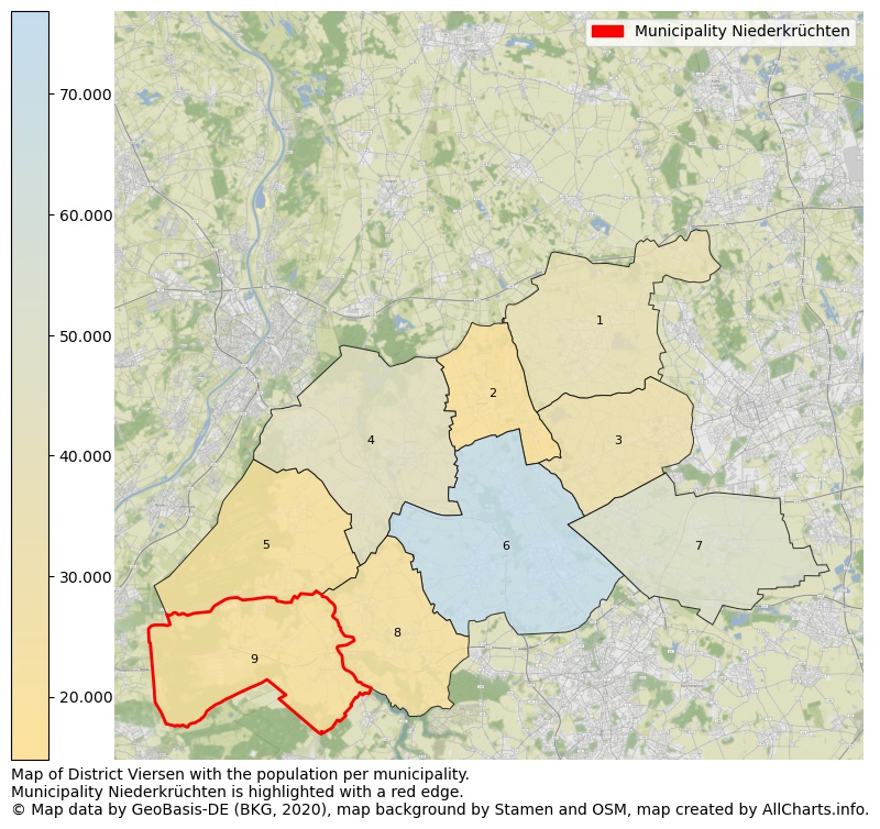 Map of District Viersen with the population per municipality.Municipality Niederkrüchten is highlighted with a red edge.. This page shows a lot of information about residents (such as the distribution by age groups, family composition, gender, native or German with an immigration background, ...), homes (numbers, types, price development, use, type of property, ...) and more (car ownership, energy consumption, ...) based on open data from the German Federal Agency for Cartography, the Federal Statistical Office (DESTATIS), the Regional Statistical Offices and various other sources!