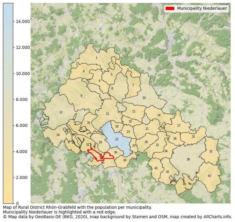 Map of Rural district Rhön-Grabfeld with the population per municipality.Municipality Niederlauer is highlighted with a red edge.. This page shows a lot of information about residents (such as the distribution by age groups, family composition, gender, native or German with an immigration background, ...), homes (numbers, types, price development, use, type of property, ...) and more (car ownership, energy consumption, ...) based on open data from the German Federal Agency for Cartography, the Federal Statistical Office (DESTATIS), the Regional Statistical Offices and various other sources!