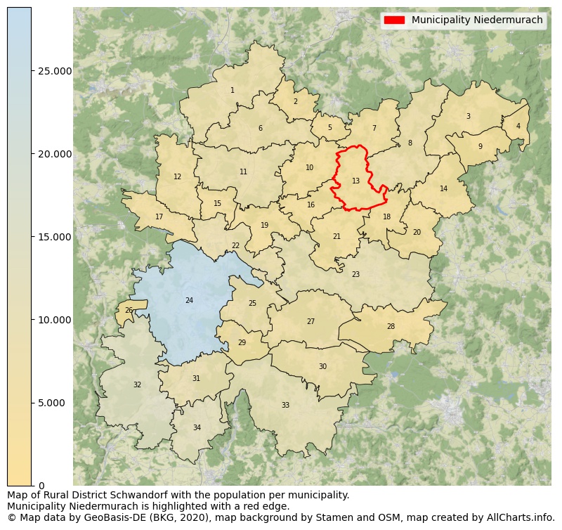 Map of Rural district Schwandorf with the population per municipality.Municipality Niedermurach is highlighted with a red edge.. This page shows a lot of information about residents (such as the distribution by age groups, family composition, gender, native or German with an immigration background, ...), homes (numbers, types, price development, use, type of property, ...) and more (car ownership, energy consumption, ...) based on open data from the German Federal Agency for Cartography, the Federal Statistical Office (DESTATIS), the Regional Statistical Offices and various other sources!