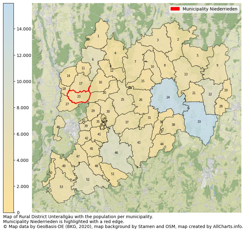 Map of Rural district Unterallgäu with the population per municipality.Municipality Niederrieden is highlighted with a red edge.. This page shows a lot of information about residents (such as the distribution by age groups, family composition, gender, native or German with an immigration background, ...), homes (numbers, types, price development, use, type of property, ...) and more (car ownership, energy consumption, ...) based on open data from the German Federal Agency for Cartography, the Federal Statistical Office (DESTATIS), the Regional Statistical Offices and various other sources!