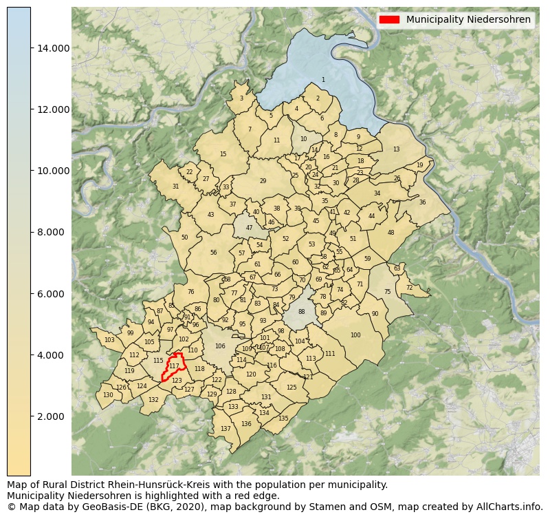 Map of Rural district Rhein-Hunsrück-Kreis with the population per municipality.Municipality Niedersohren is highlighted with a red edge.. This page shows a lot of information about residents (such as the distribution by age groups, family composition, gender, native or German with an immigration background, ...), homes (numbers, types, price development, use, type of property, ...) and more (car ownership, energy consumption, ...) based on open data from the German Federal Agency for Cartography, the Federal Statistical Office (DESTATIS), the Regional Statistical Offices and various other sources!