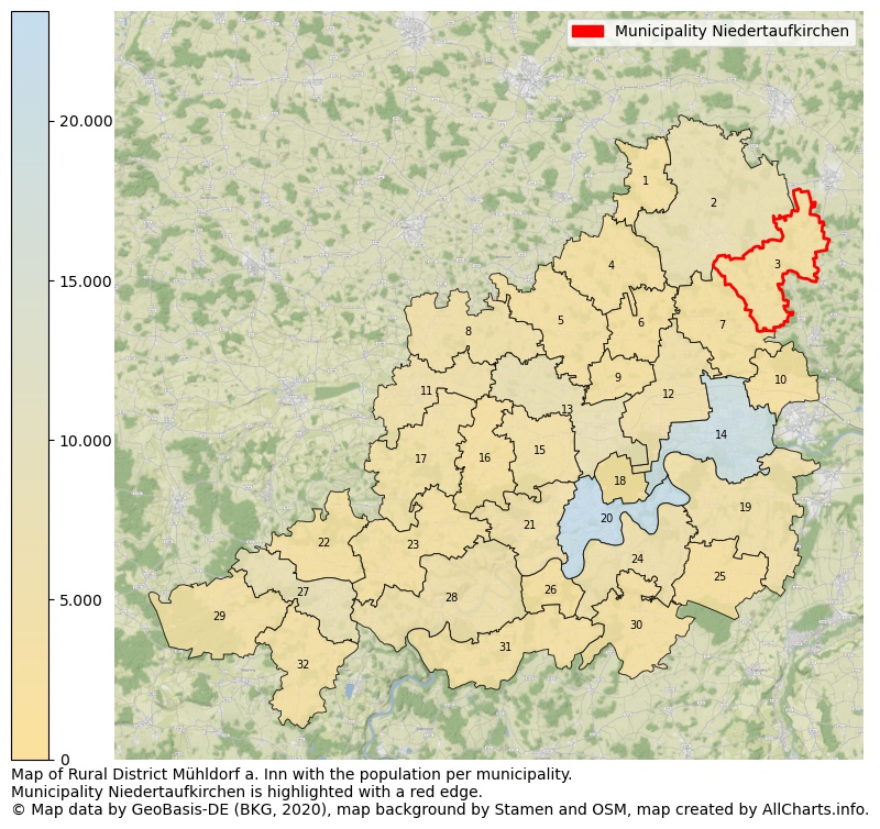 Map of Rural district Mühldorf a. Inn with the population per municipality.Municipality Niedertaufkirchen is highlighted with a red edge.. This page shows a lot of information about residents (such as the distribution by age groups, family composition, gender, native or German with an immigration background, ...), homes (numbers, types, price development, use, type of property, ...) and more (car ownership, energy consumption, ...) based on open data from the German Federal Agency for Cartography, the Federal Statistical Office (DESTATIS), the Regional Statistical Offices and various other sources!