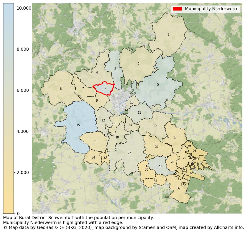 Map of Rural district Schweinfurt with the population per municipality.Municipality Niederwerrn is highlighted with a red edge.. This page shows a lot of information about residents (such as the distribution by age groups, family composition, gender, native or German with an immigration background, ...), homes (numbers, types, price development, use, type of property, ...) and more (car ownership, energy consumption, ...) based on open data from the German Federal Agency for Cartography, the Federal Statistical Office (DESTATIS), the Regional Statistical Offices and various other sources!