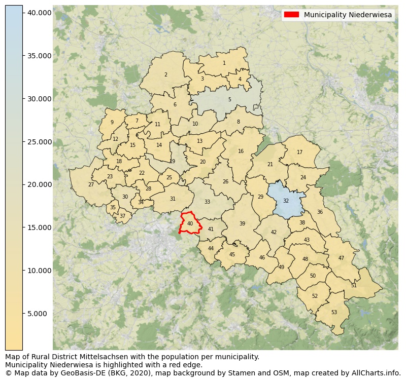 Map of Rural district Mittelsachsen with the population per municipality.Municipality Niederwiesa is highlighted with a red edge.. This page shows a lot of information about residents (such as the distribution by age groups, family composition, gender, native or German with an immigration background, ...), homes (numbers, types, price development, use, type of property, ...) and more (car ownership, energy consumption, ...) based on open data from the German Federal Agency for Cartography, the Federal Statistical Office (DESTATIS), the Regional Statistical Offices and various other sources!