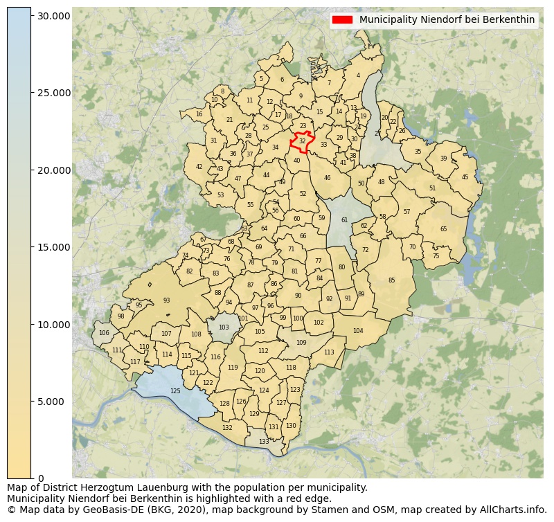 Map of District Herzogtum Lauenburg with the population per municipality.Municipality Niendorf bei Berkenthin is highlighted with a red edge.. This page shows a lot of information about residents (such as the distribution by age groups, family composition, gender, native or German with an immigration background, ...), homes (numbers, types, price development, use, type of property, ...) and more (car ownership, energy consumption, ...) based on open data from the German Federal Agency for Cartography, the Federal Statistical Office (DESTATIS), the Regional Statistical Offices and various other sources!