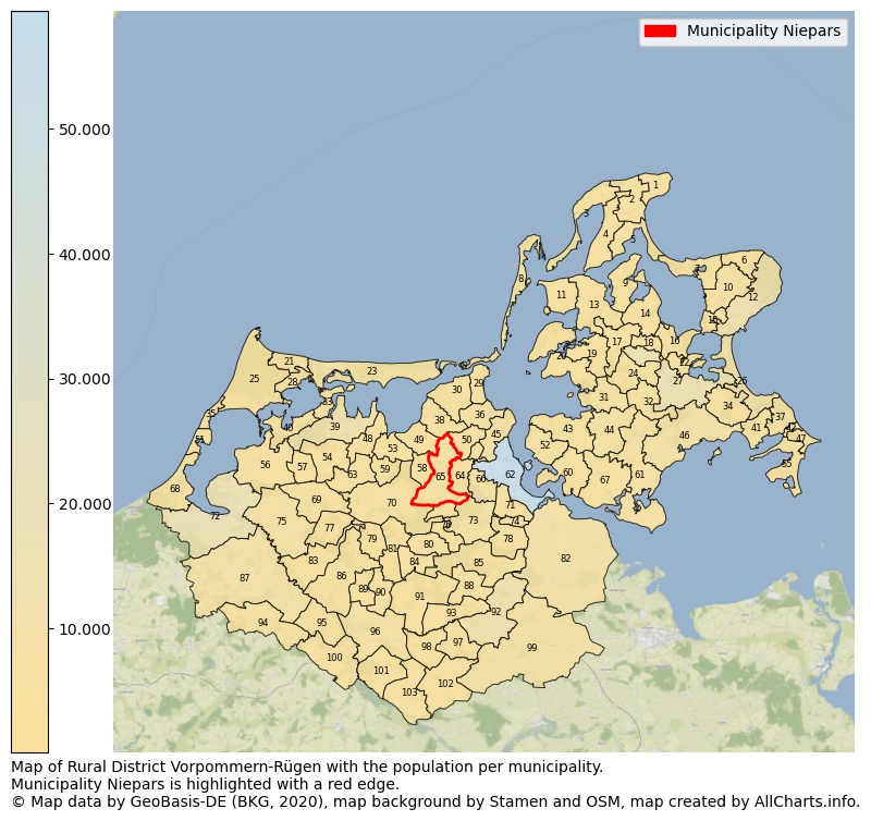 Map of Rural district Vorpommern-Rügen with the population per municipality.Municipality Niepars is highlighted with a red edge.. This page shows a lot of information about residents (such as the distribution by age groups, family composition, gender, native or German with an immigration background, ...), homes (numbers, types, price development, use, type of property, ...) and more (car ownership, energy consumption, ...) based on open data from the German Federal Agency for Cartography, the Federal Statistical Office (DESTATIS), the Regional Statistical Offices and various other sources!