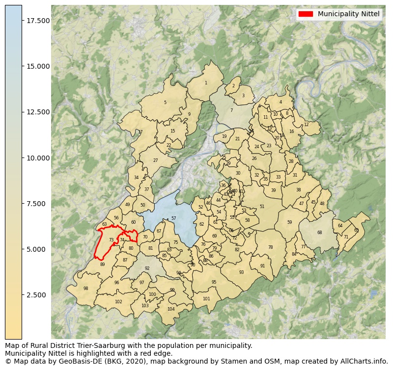 Map of Rural district Trier-Saarburg with the population per municipality.Municipality Nittel is highlighted with a red edge.. This page shows a lot of information about residents (such as the distribution by age groups, family composition, gender, native or German with an immigration background, ...), homes (numbers, types, price development, use, type of property, ...) and more (car ownership, energy consumption, ...) based on open data from the German Federal Agency for Cartography, the Federal Statistical Office (DESTATIS), the Regional Statistical Offices and various other sources!
