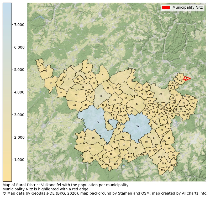 Map of Rural district Vulkaneifel with the population per municipality.Municipality Nitz is highlighted with a red edge.. This page shows a lot of information about residents (such as the distribution by age groups, family composition, gender, native or German with an immigration background, ...), homes (numbers, types, price development, use, type of property, ...) and more (car ownership, energy consumption, ...) based on open data from the German Federal Agency for Cartography, the Federal Statistical Office (DESTATIS), the Regional Statistical Offices and various other sources!