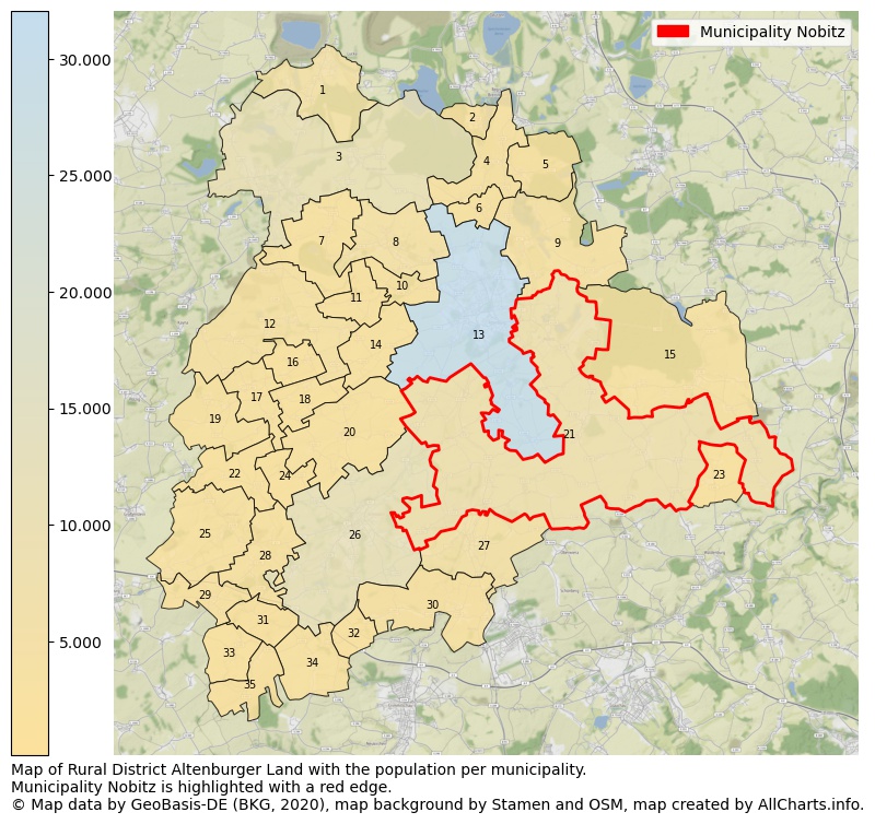 Map of Rural district Altenburger Land with the population per municipality.Municipality Nobitz is highlighted with a red edge.. This page shows a lot of information about residents (such as the distribution by age groups, family composition, gender, native or German with an immigration background, ...), homes (numbers, types, price development, use, type of property, ...) and more (car ownership, energy consumption, ...) based on open data from the German Federal Agency for Cartography, the Federal Statistical Office (DESTATIS), the Regional Statistical Offices and various other sources!