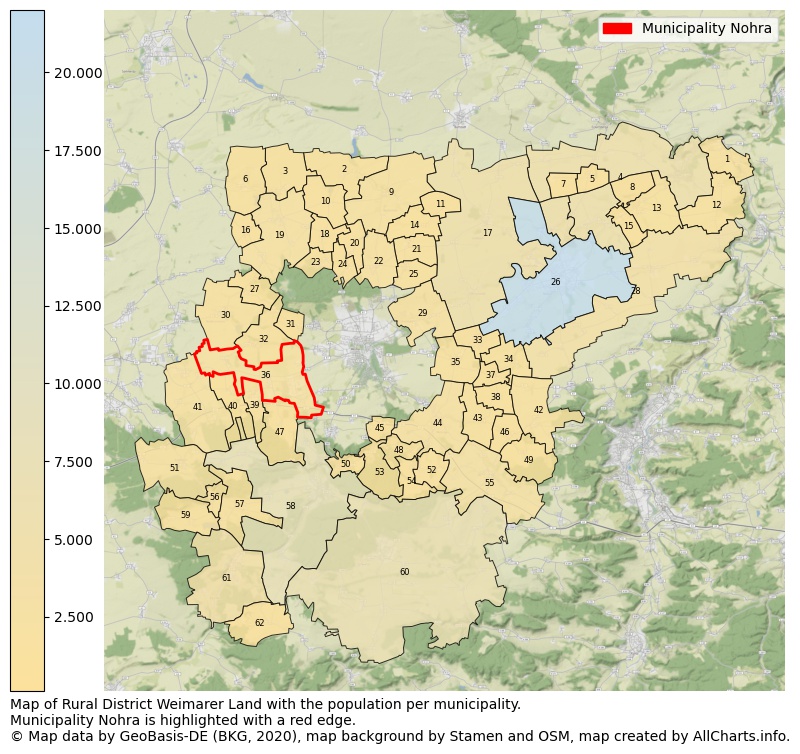 Map of Rural district Weimarer Land with the population per municipality.Municipality Nohra is highlighted with a red edge.. This page shows a lot of information about residents (such as the distribution by age groups, family composition, gender, native or German with an immigration background, ...), homes (numbers, types, price development, use, type of property, ...) and more (car ownership, energy consumption, ...) based on open data from the German Federal Agency for Cartography, the Federal Statistical Office (DESTATIS), the Regional Statistical Offices and various other sources!