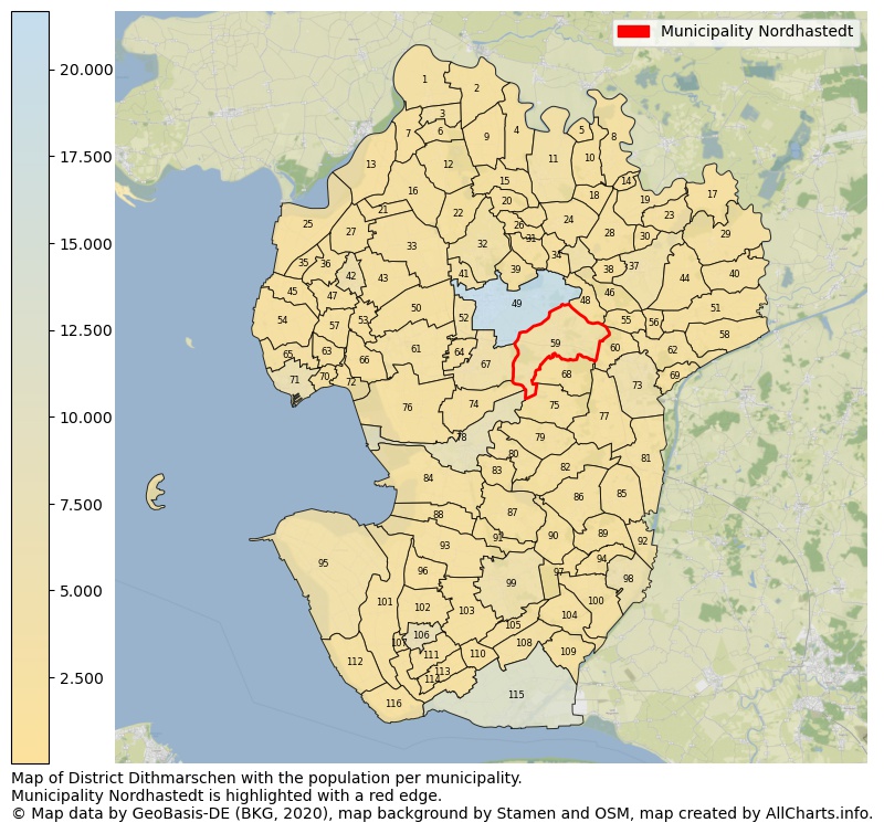 Map of District Dithmarschen with the population per municipality.Municipality Nordhastedt is highlighted with a red edge.. This page shows a lot of information about residents (such as the distribution by age groups, family composition, gender, native or German with an immigration background, ...), homes (numbers, types, price development, use, type of property, ...) and more (car ownership, energy consumption, ...) based on open data from the German Federal Agency for Cartography, the Federal Statistical Office (DESTATIS), the Regional Statistical Offices and various other sources!