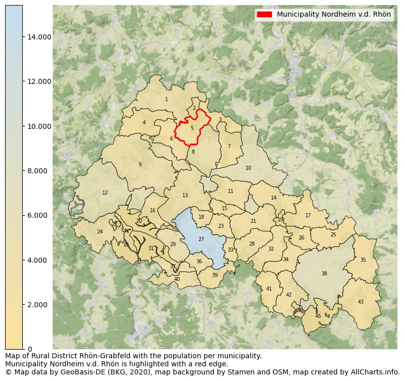 Map of Rural district Rhön-Grabfeld with the population per municipality.Municipality Nordheim v.d. Rhön is highlighted with a red edge.. This page shows a lot of information about residents (such as the distribution by age groups, family composition, gender, native or German with an immigration background, ...), homes (numbers, types, price development, use, type of property, ...) and more (car ownership, energy consumption, ...) based on open data from the German Federal Agency for Cartography, the Federal Statistical Office (DESTATIS), the Regional Statistical Offices and various other sources!