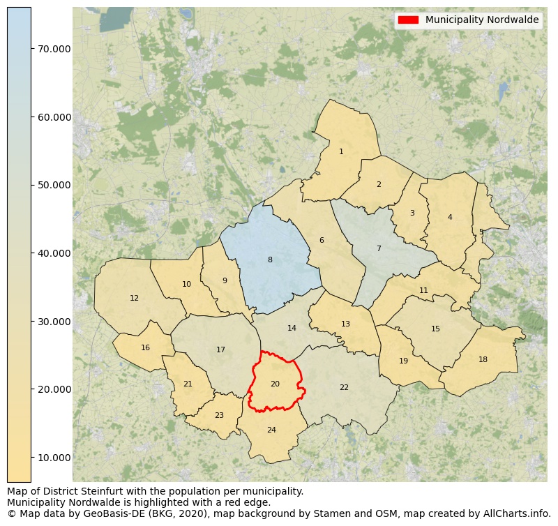 Map of District Steinfurt with the population per municipality.Municipality Nordwalde is highlighted with a red edge.. This page shows a lot of information about residents (such as the distribution by age groups, family composition, gender, native or German with an immigration background, ...), homes (numbers, types, price development, use, type of property, ...) and more (car ownership, energy consumption, ...) based on open data from the German Federal Agency for Cartography, the Federal Statistical Office (DESTATIS), the Regional Statistical Offices and various other sources!